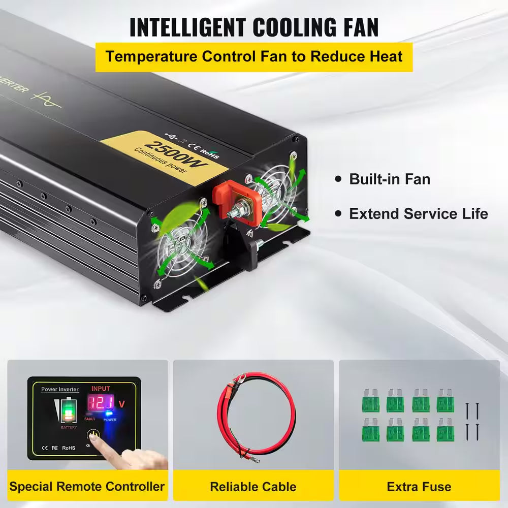 Pure Sine Wave Power Inverter 2500-Watt Car Inverter DC 12-Volt to AC 120-Volt with USB Port LCD Display Remote Control