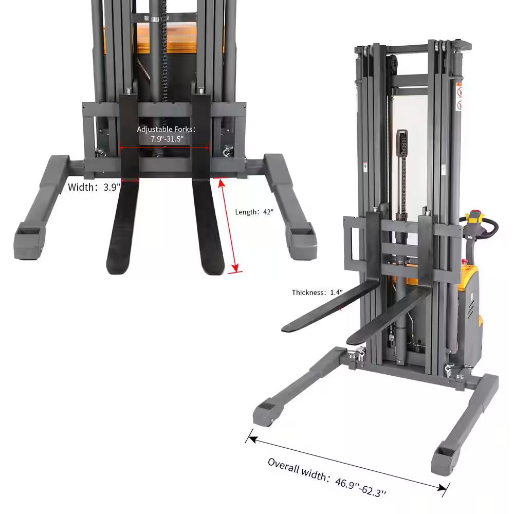 220 In. Lift Height 3300 Lbs. Curtis Control Full Electric Pallet Stacker Straddle Walkie Forklift 24V/200AH GEL Battery