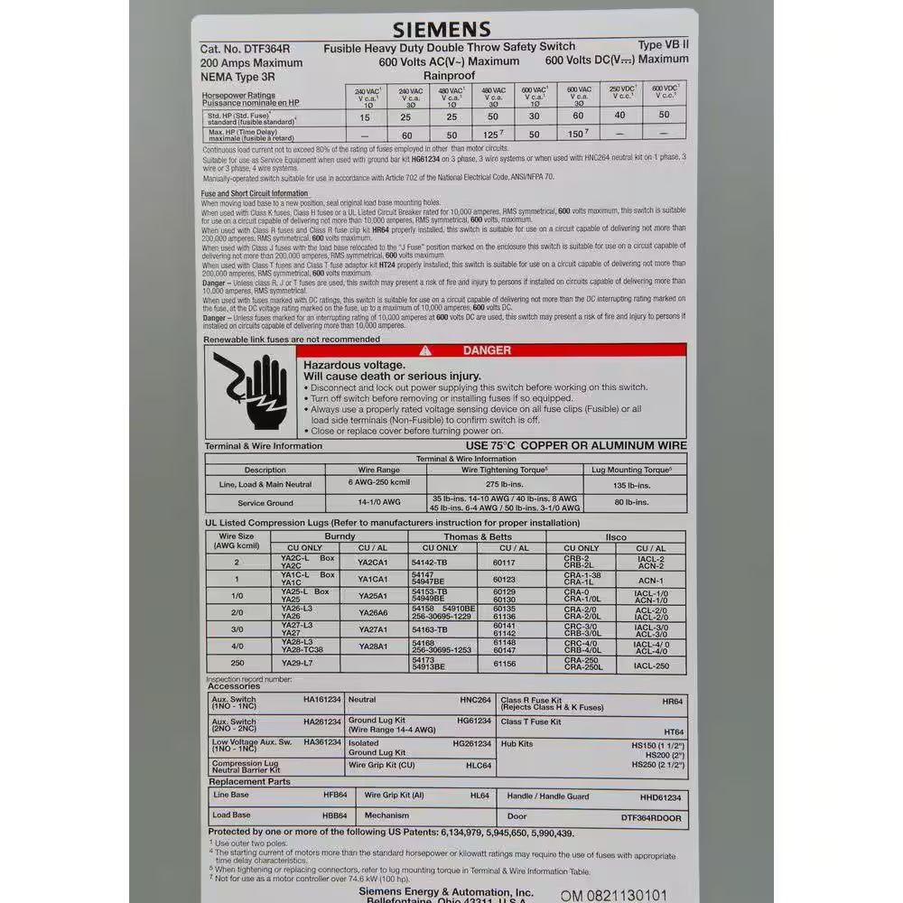 Double Throw 200 Amp 600-Volt 3-Pole Outdoor Fusible Safety Switch