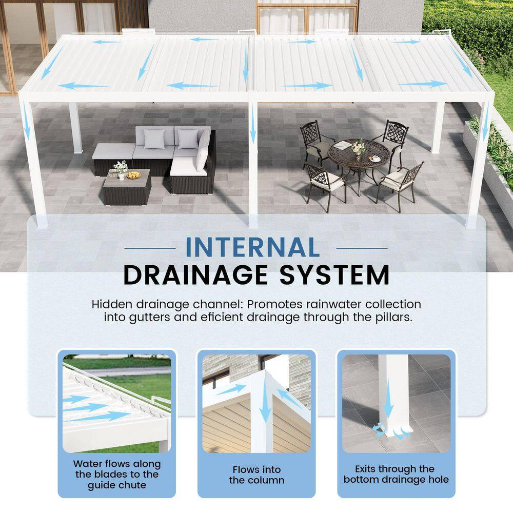 10 Ft. X 28 Ft. Ivory Aluminum Patio Pergola with Built-In Solar Panel, Ceiling Fan and round LED Light