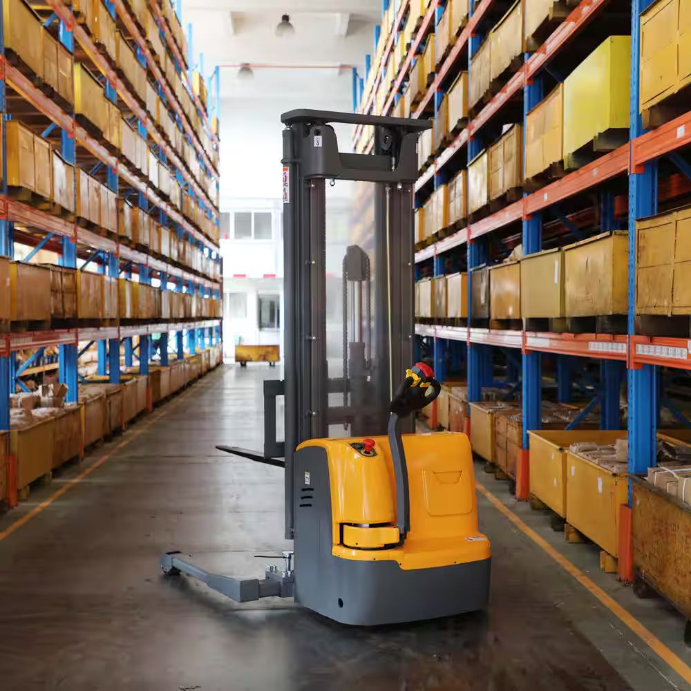 220 In. Lift Height 3300 Lbs. Curtis Control Full Electric Pallet Stacker Straddle Walkie Forklift 24V/200AH GEL Battery