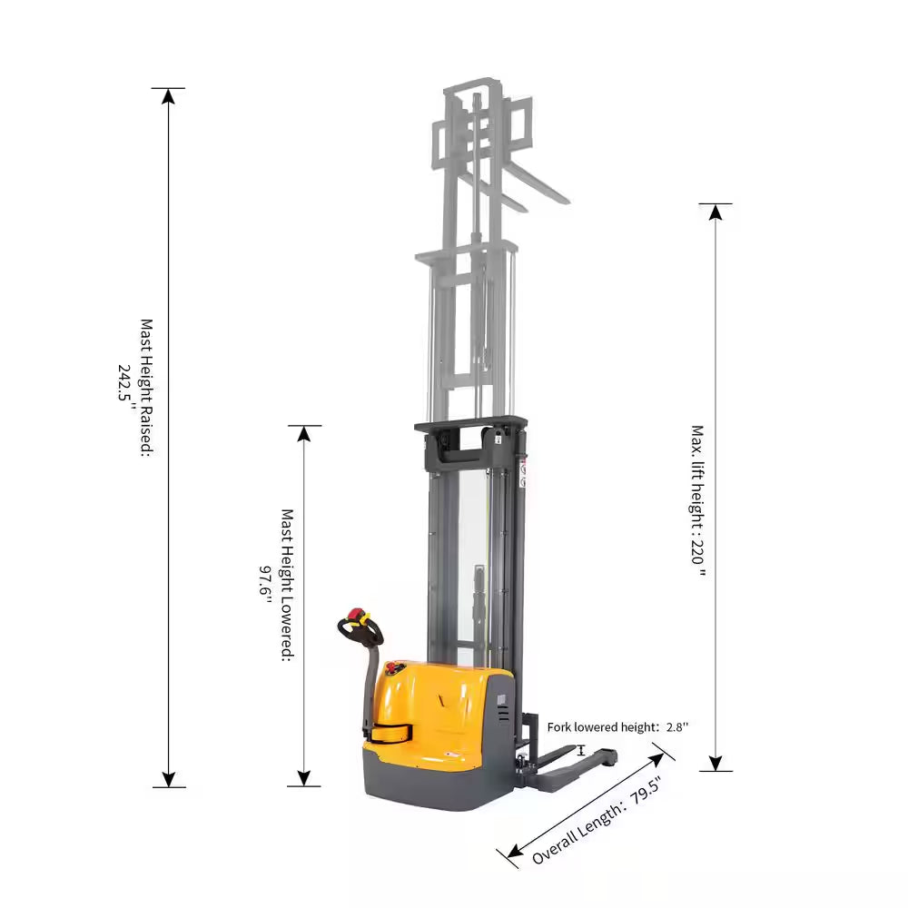 220 In. Lift Height 3300 Lbs. Curtis Control Full Electric Pallet Stacker Straddle Walkie Forklift 24V/200AH GEL Battery