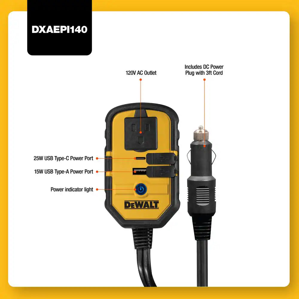 140-Watt Portable Car Power Inverter with Dual USB Ports