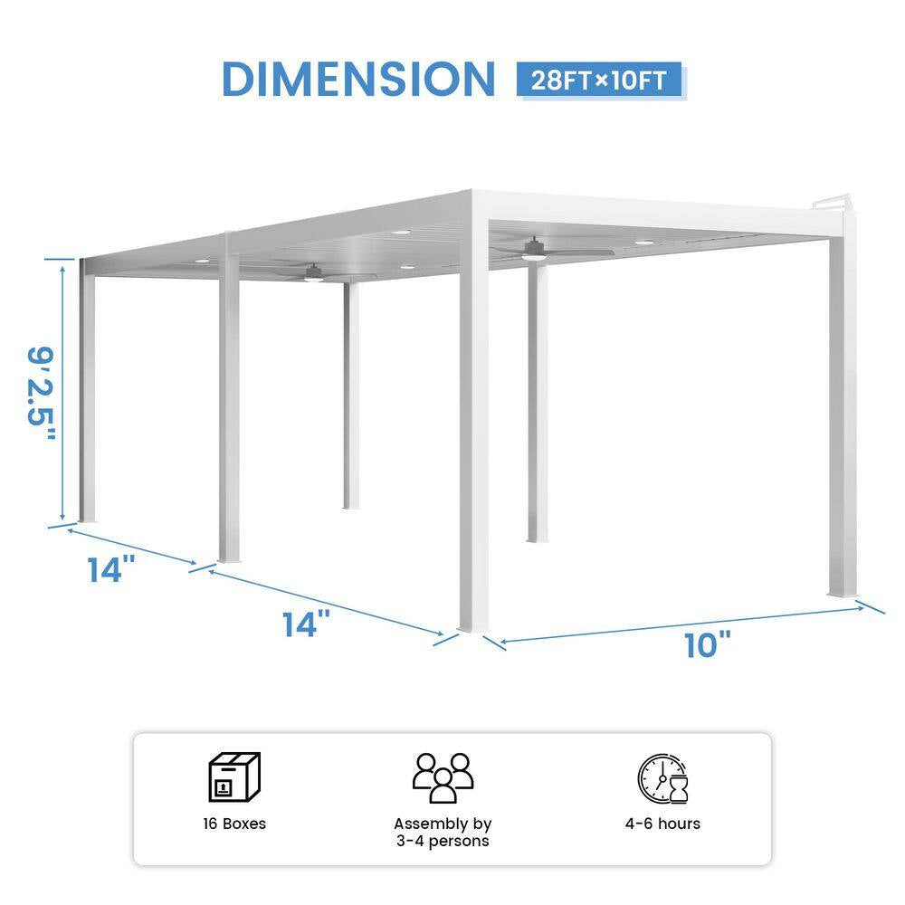 10 Ft. X 28 Ft. Ivory Aluminum Patio Pergola with Built-In Solar Panel, Ceiling Fan and round LED Light