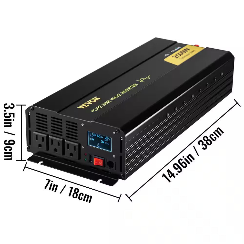 Pure Sine Wave Power Inverter 2500-Watt Car Inverter DC 12-Volt to AC 120-Volt with USB Port LCD Display Remote Control