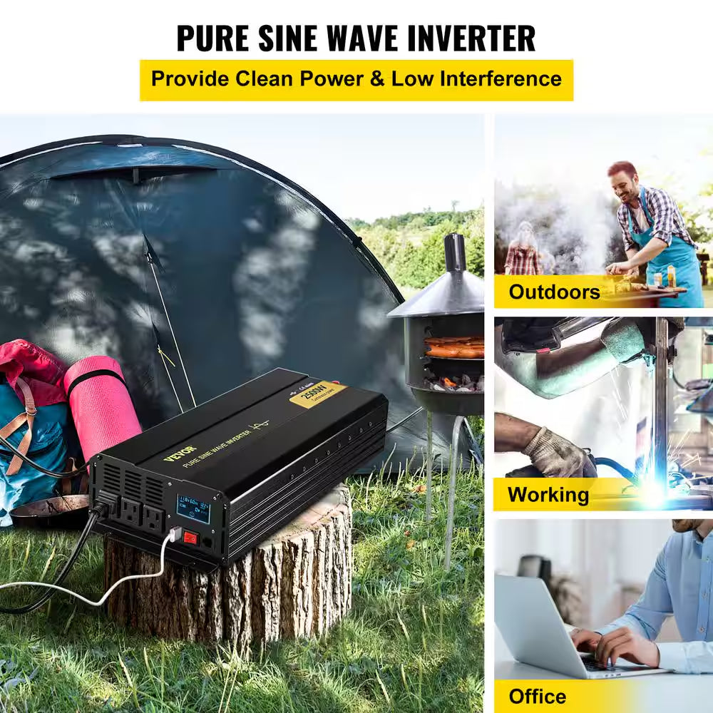 Pure Sine Wave Power Inverter 2500-Watt Car Inverter DC 12-Volt to AC 120-Volt with USB Port LCD Display Remote Control