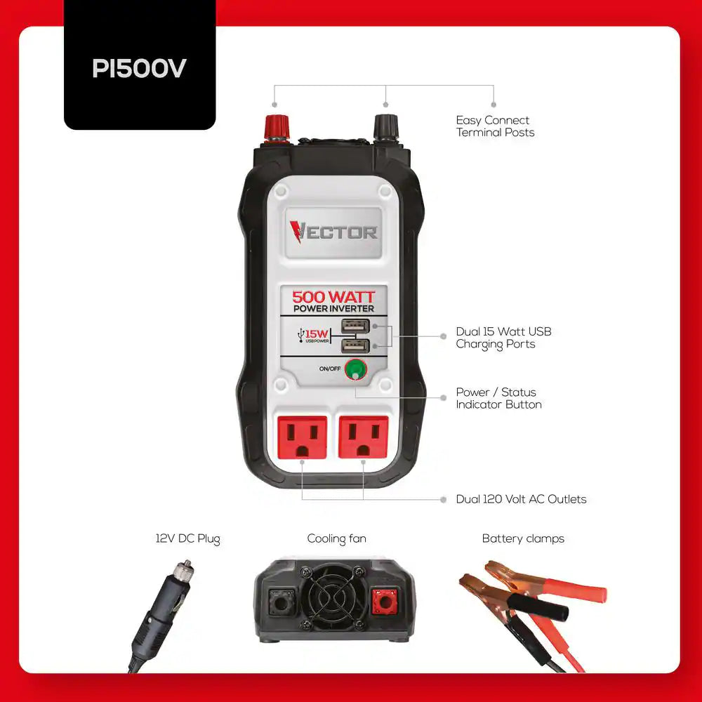 500 Watt Power Inverter, Dual Power Inverter, Two USB Charging Ports