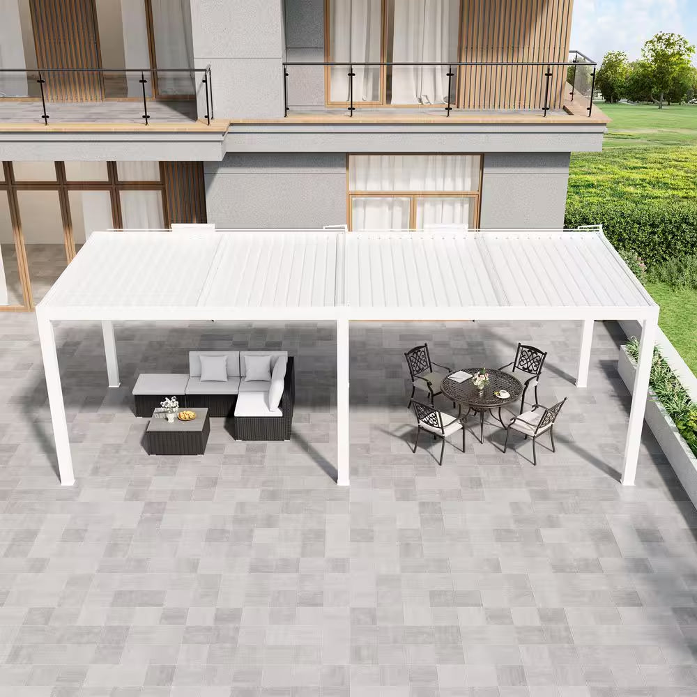 13 Ft. X 28 Ft. Ivory Aluminum Patio Pergola with Built-In Solar Panel, Ceiling Fan and round LED Light