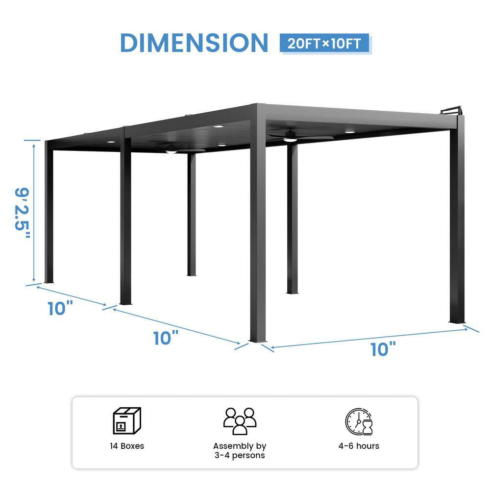 10 Ft. X 20 Ft. Dark Gray Aluminum Patio Pergola with Built-In Solar Panel, Ceiling Fan and round LED Light