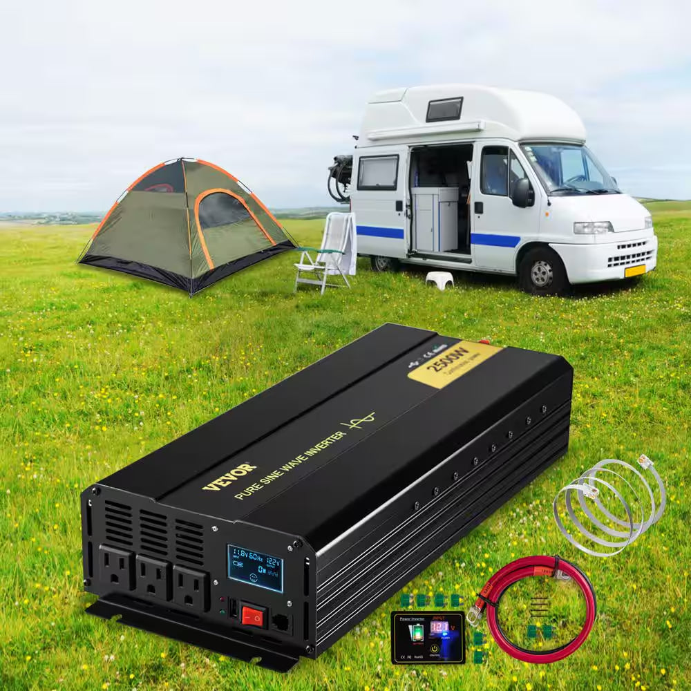Pure Sine Wave Power Inverter 2500-Watt Car Inverter DC 12-Volt to AC 120-Volt with USB Port LCD Display Remote Control