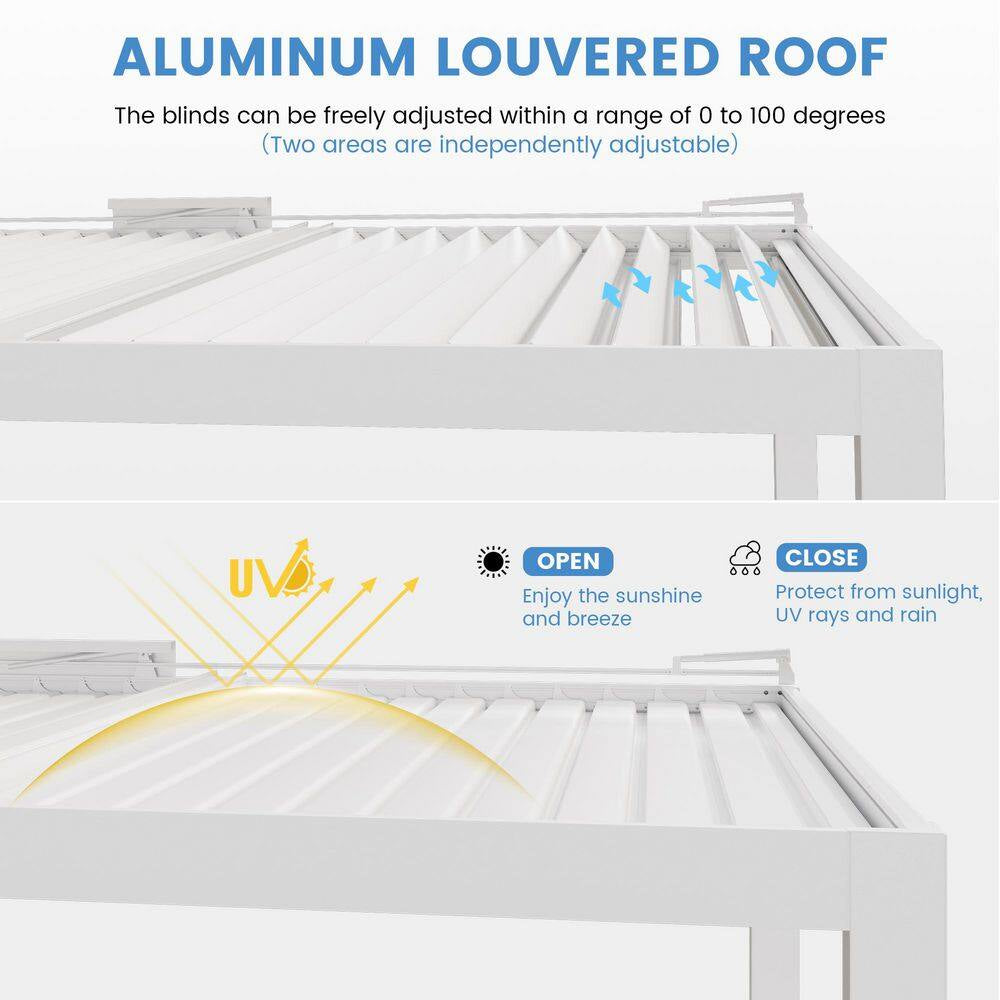 10 Ft. X 28 Ft. Ivory Aluminum Patio Pergola with Built-In Solar Panel, Ceiling Fan and round LED Light