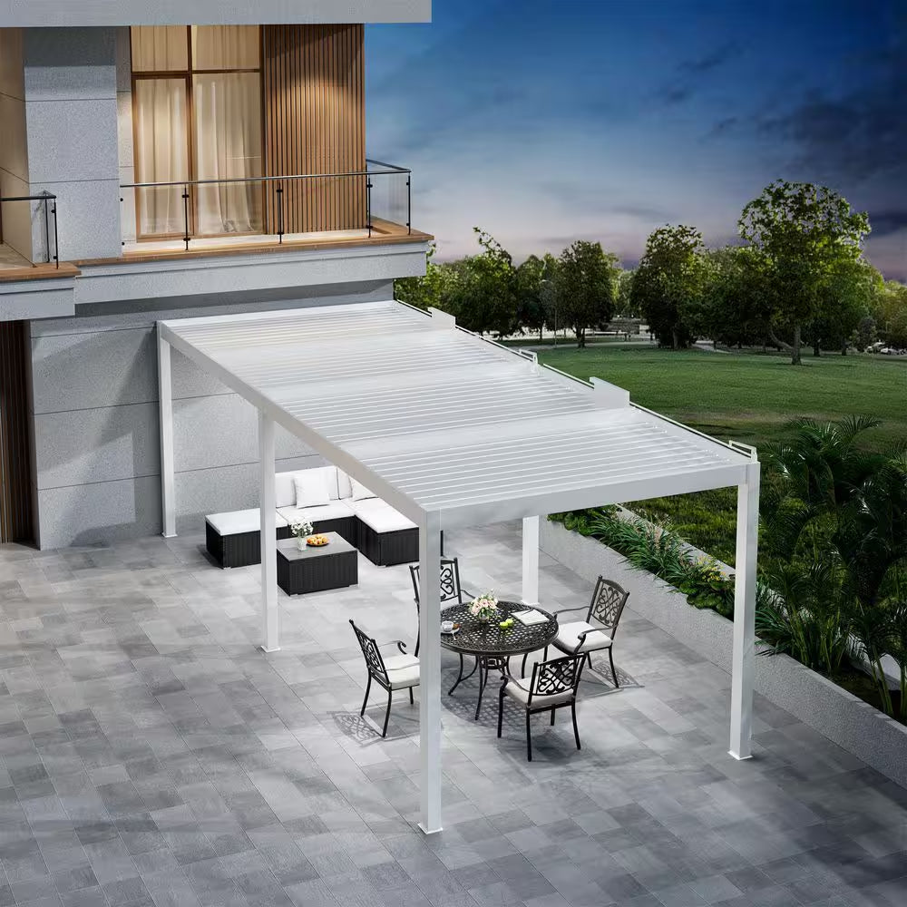 13 Ft. X 28 Ft. Ivory Aluminum Patio Pergola with Built-In Solar Panel, Ceiling Fan and round LED Light