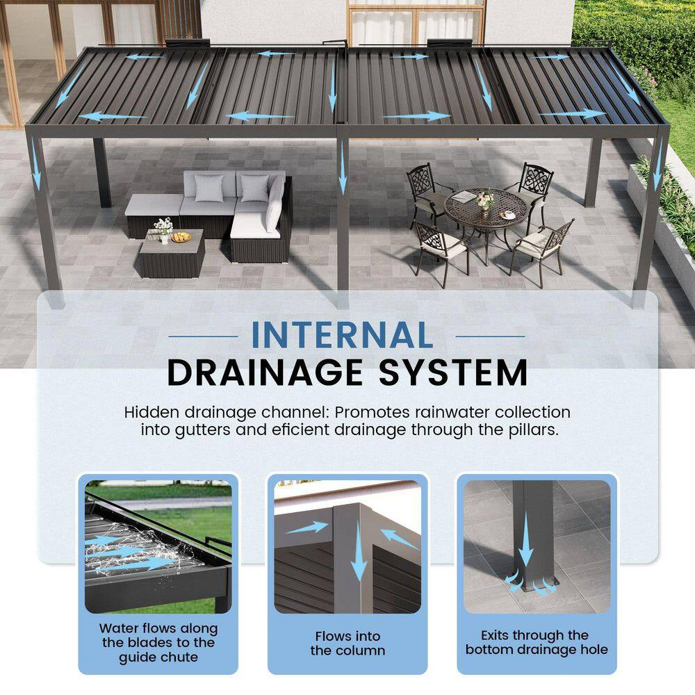 10 Ft. X 20 Ft. Dark Gray Aluminum Patio Pergola with Built-In Solar Panel, Ceiling Fan and round LED Light