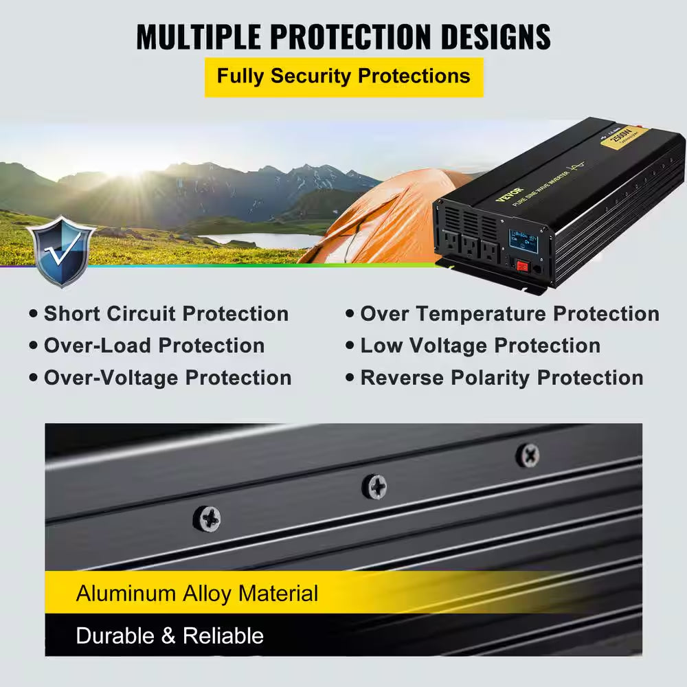 Pure Sine Wave Power Inverter 2500-Watt Car Inverter DC 12-Volt to AC 120-Volt with USB Port LCD Display Remote Control