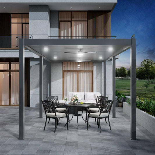 10 Ft. X 20 Ft. Dark Gray Aluminum Patio Pergola with Built-In Solar Panel, Ceiling Fan and round LED Light