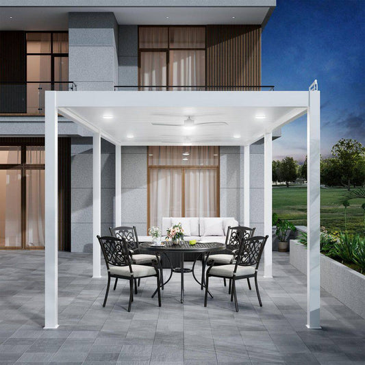 10 Ft. X 28 Ft. Ivory Aluminum Patio Pergola with Built-In Solar Panel, Ceiling Fan and round LED Light