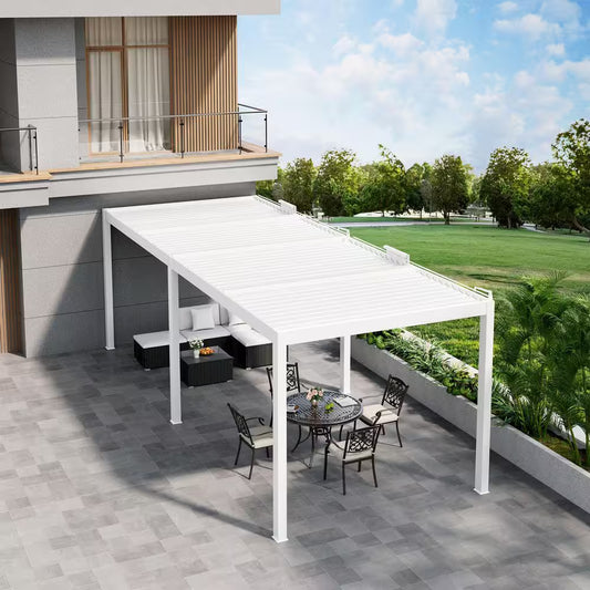 13 Ft. X 28 Ft. Ivory Aluminum Patio Pergola with Built-In Solar Panel, Ceiling Fan and round LED Light