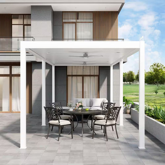 10 Ft. X 28 Ft. Ivory Aluminum Patio Pergola with Built-In Solar Panel, Ceiling Fan and round LED Light