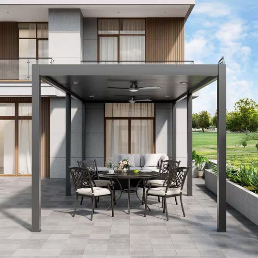 10 Ft. X 20 Ft. Dark Gray Aluminum Patio Pergola with Built-In Solar Panel, Ceiling Fan and round LED Light